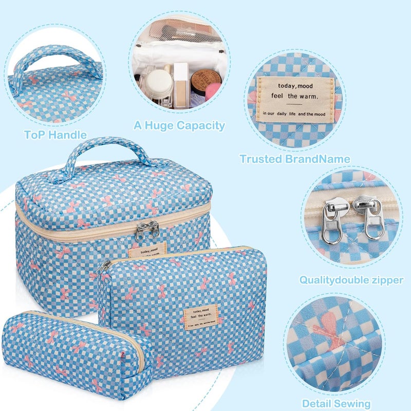 Gosect 3PC Makeup Bag Set, Cute Cosmetic Bag for Women Girls, Floral Coquette Aesthetic Toiletry Bag, Travel Make Up Organizer Bag（Blue Check） - Image 3